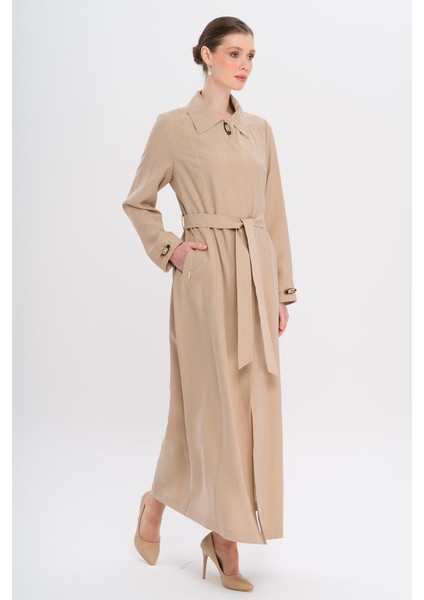 Gömlek Yaka Aksesuar Detaylı Astarsız Modal Büyük Beden Pardesü Bej 6745 fiyatları