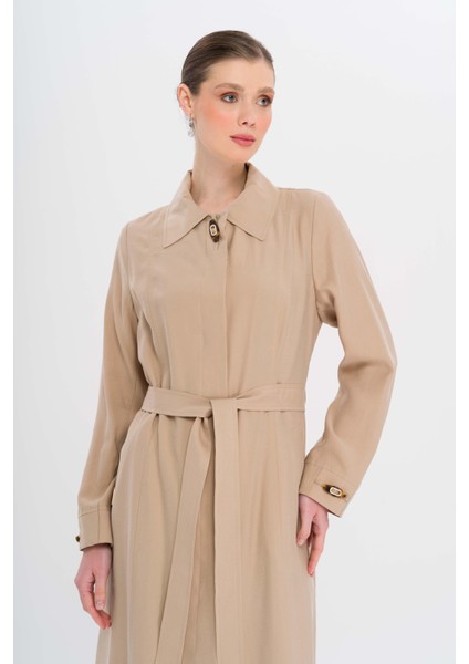 Gömlek Yaka Aksesuar Detaylı Astarsız Modal Büyük Beden Pardesü Bej 6745 modelleri