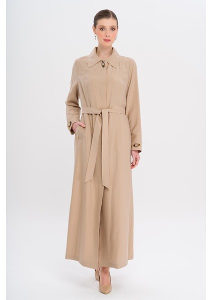 Gömlek Yaka Aksesuar Detaylı Astarsız Modal Büyük Beden Pardesü Bej 6745 fırsatları