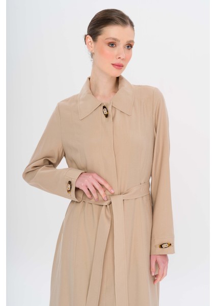 Gömlek Yaka Aksesuar Detaylı Astarsız Modal Büyük Beden Pardesü Bej 6745 indirimleri