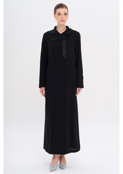 Saten Garnili Düğmeleri Taşlı Astarlı Büyük Beden Pardesü Siyah 6719