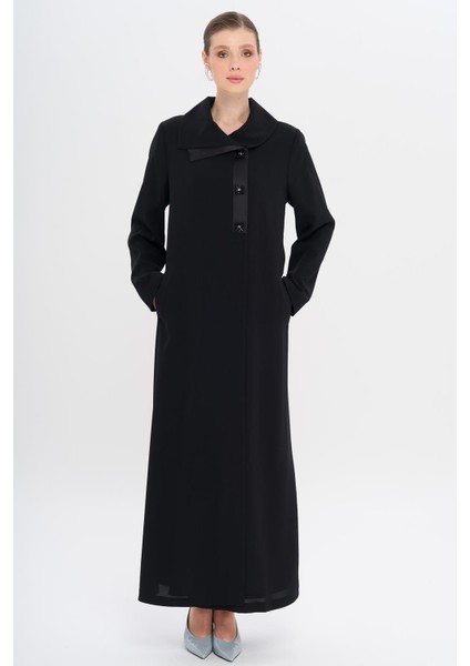 Saten Garnili Düğmeleri Taşlı Astarlı Büyük Beden Pardesü Siyah 6719 fırsatları