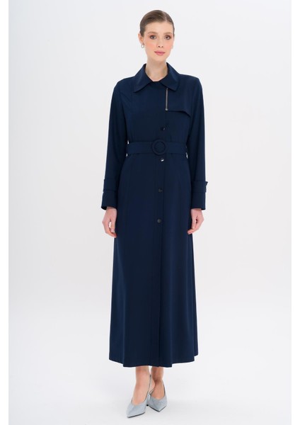 Gömlek Yaka Fermuar ve Çıt Çıt Kapamalı Astarlı Pardesü Lacivert 6727