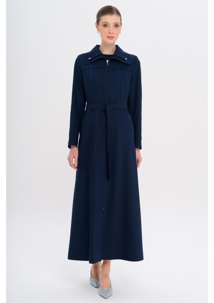 Fermuarlı Metal Aksesuarlı Astarlı Pardesü Lacivert 6722