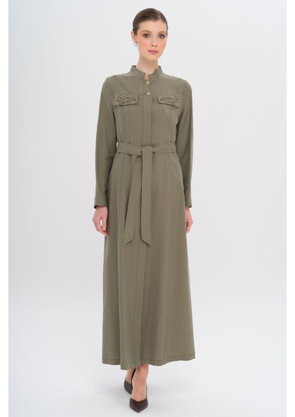 Hakim Yaka Boncuk ve Işleme Detaylı Astarsız Modal Pardesü Haki 6728