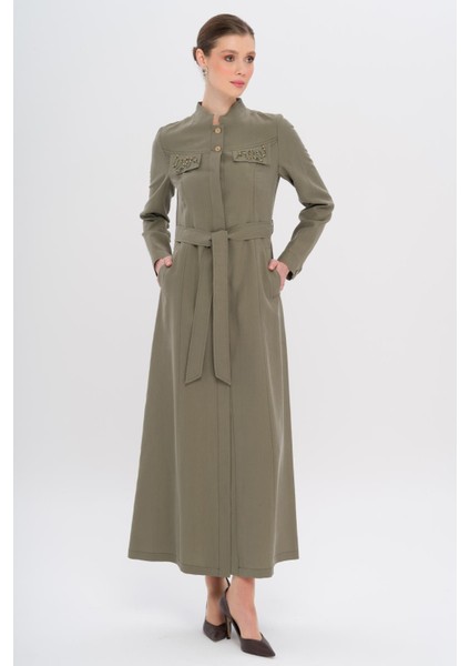 Hakim Yaka Boncuk ve Işleme Detaylı Astarsız Modal Pardesü Haki 6728 fiyatları