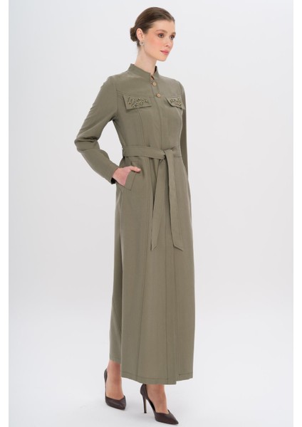 Hakim Yaka Boncuk ve Işleme Detaylı Astarsız Modal Pardesü Haki 6728 fırsatları