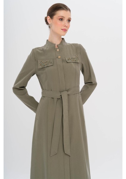 Hakim Yaka Boncuk ve Işleme Detaylı Astarsız Modal Pardesü Haki 6728 indirimleri