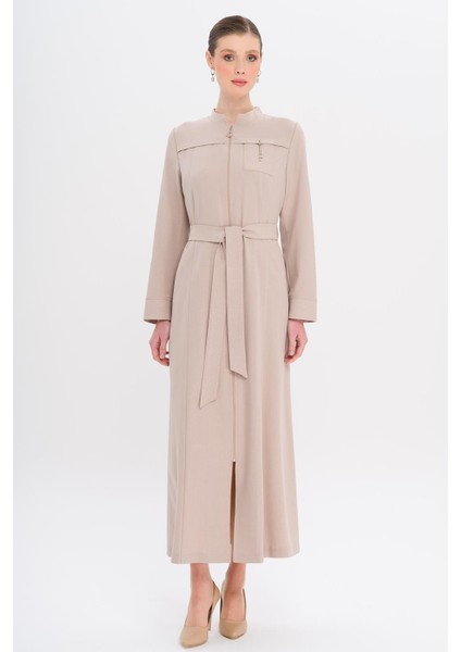 Hakim Yaka Fermuar Kapamalı Desen Detaylı Astarsız Pardesü Taş 6715