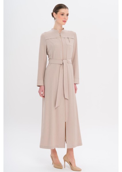 Hakim Yaka Fermuar Kapamalı Desen Detaylı Astarsız Pardesü Taş 6715 fiyatları