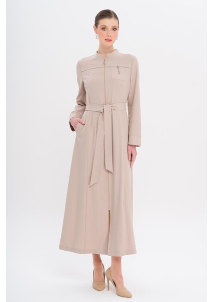 Hakim Yaka Fermuar Kapamalı Desen Detaylı Astarsız Pardesü Taş 6715 fırsatları