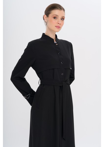 Hakim Yaka Zincir Aksesuarlı Astarlı Pardesü Siyah 6742 fiyatları