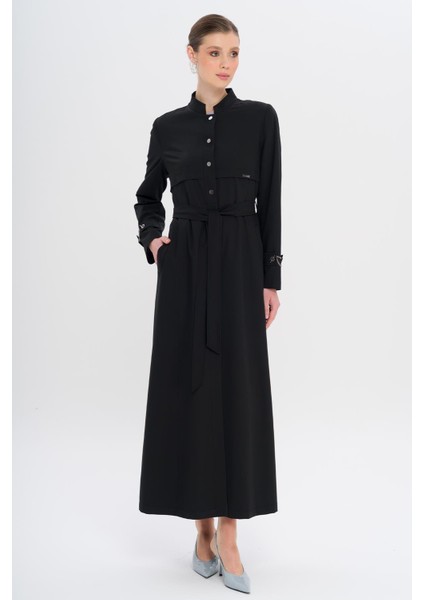 Hakim Yaka Zincir Aksesuarlı Astarlı Pardesü Siyah 6742 modelleri