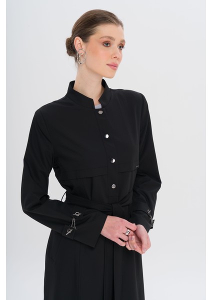 Hakim Yaka Zincir Aksesuarlı Astarlı Pardesü Siyah 6742 fırsatları