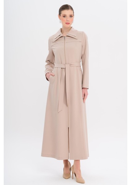 Fermuarlı Metal Aksesuarlı Astarlı Pardesü Bej 6722