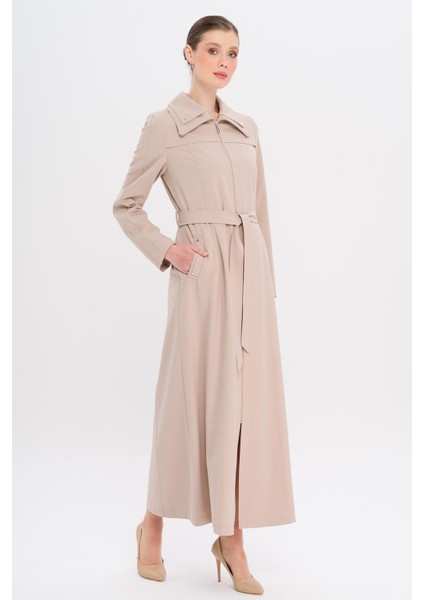 Fermuarlı Metal Aksesuarlı Astarlı Pardesü Bej 6722 modelleri