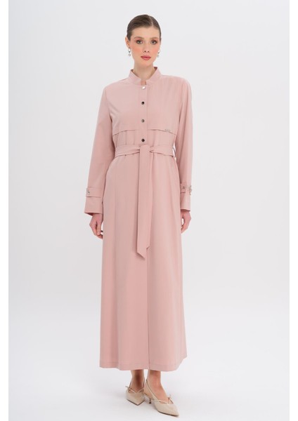 Hakim Yaka Zincir Aksesuarlı Astarlı Pardesü Pudra 6742