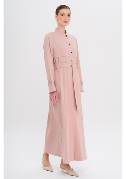 Hakim Yaka Zincir Aksesuarlı Astarlı Pardesü Pudra 6742 fiyatları
