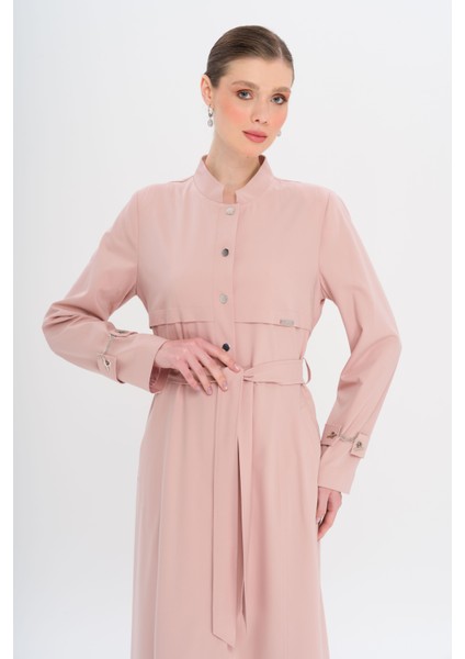 Hakim Yaka Zincir Aksesuarlı Astarlı Pardesü Pudra 6742 modelleri