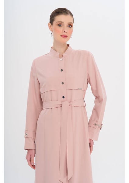 Hakim Yaka Zincir Aksesuarlı Astarlı Pardesü Pudra 6742 indirimleri