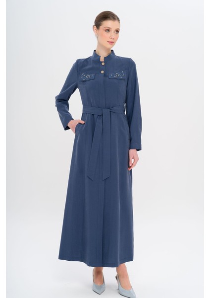 Hakim Yaka Boncuk ve Işleme Detaylı Astarsız Modal Pardesü Indigo 6728