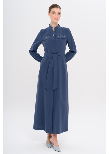 Hakim Yaka Boncuk ve Işleme Detaylı Astarsız Modal Pardesü Indigo 6728 fiyatları