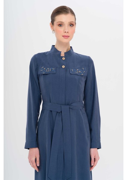 Hakim Yaka Boncuk ve Işleme Detaylı Astarsız Modal Pardesü Indigo 6728 modelleri