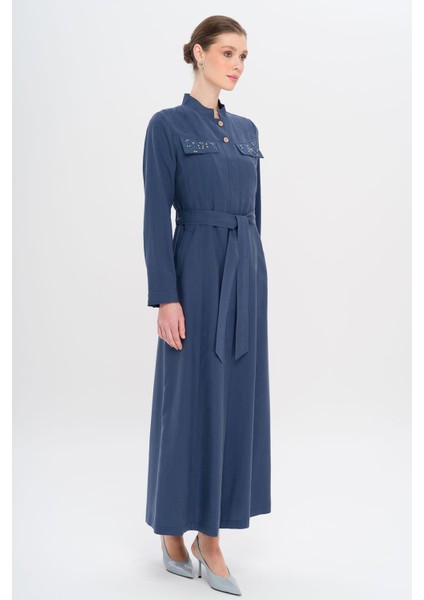 Hakim Yaka Boncuk ve Işleme Detaylı Astarsız Modal Pardesü Indigo 6728 fırsatları