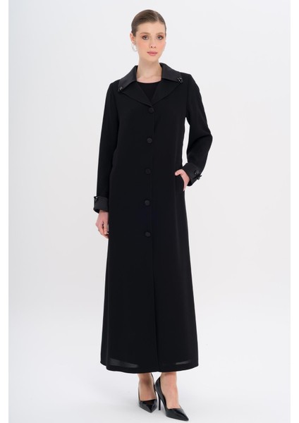 Üst Yakası Saten Garnili Taş Aksesuarlı Astarlı Büyük Beden Pardesü Siyah 6718