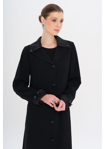 Üst Yakası Saten Garnili Taş Aksesuarlı Astarlı Büyük Beden Pardesü Siyah 6718 fiyatları