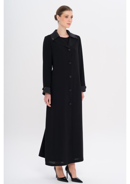 Üst Yakası Saten Garnili Taş Aksesuarlı Astarlı Büyük Beden Pardesü Siyah 6718 modelleri