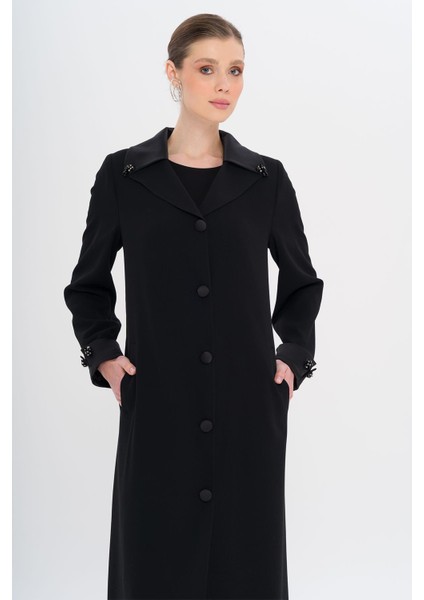 Üst Yakası Saten Garnili Taş Aksesuarlı Astarlı Büyük Beden Pardesü Siyah 6718 indirimleri