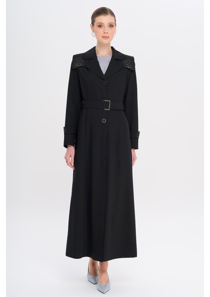 Pelerin ve Kol Ağzı Taş Detaylı Astarlı Pardesü Siyah 6746