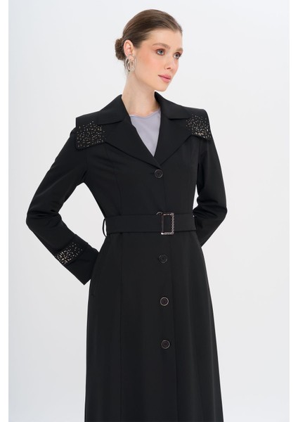 Pelerin ve Kol Ağzı Taş Detaylı Astarlı Pardesü Siyah 6746 fiyatları