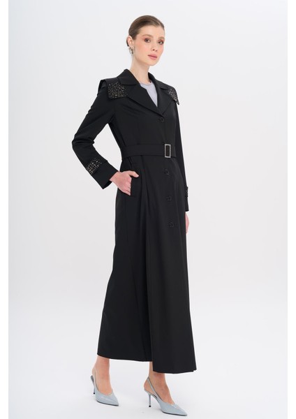 Pelerin ve Kol Ağzı Taş Detaylı Astarlı Pardesü Siyah 6746 modelleri