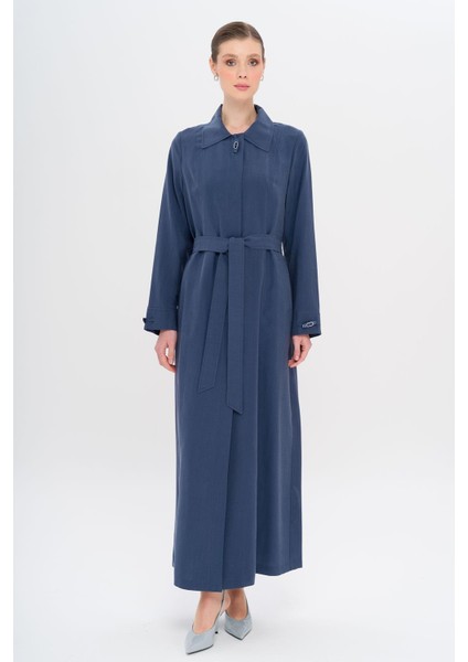 Gömlek Yaka Aksesuar Detaylı Astarsız Modal Büyük Beden Pardesü Indigo 6745