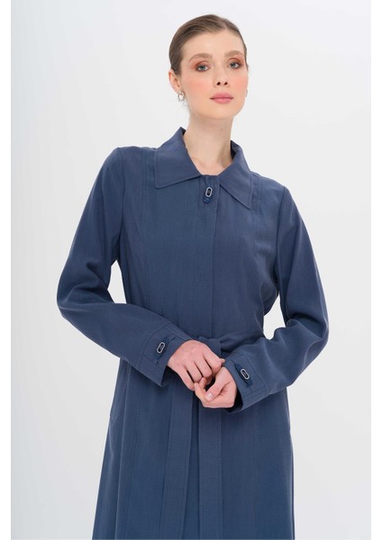 Gömlek Yaka Aksesuar Detaylı Astarsız Modal Büyük Beden Pardesü Indigo 6745 modelleri