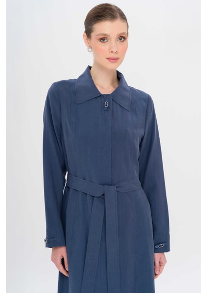 Gömlek Yaka Aksesuar Detaylı Astarsız Modal Büyük Beden Pardesü Indigo 6745 fırsatları