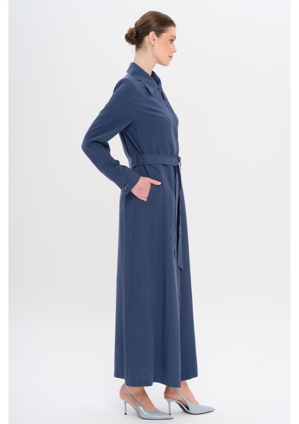 Gömlek Yaka Aksesuar Detaylı Astarsız Modal Büyük Beden Pardesü Indigo 6745 indirimleri