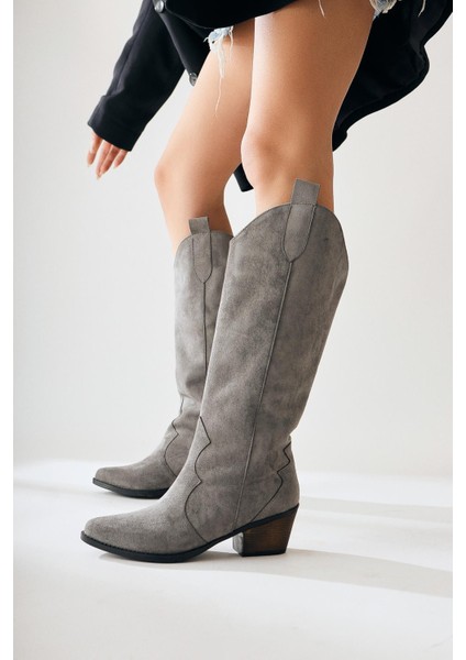 Lhena Gri Süet Western Çizme 6 Cm Topuklu Konforlu Kadın Günlük Kullanım İçin
