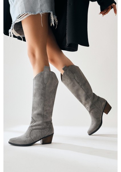 Lhena Gri Süet Western Çizme 6 Cm Topuklu Konforlu Kadın Günlük Kullanım İçin modelleri