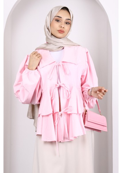 Pembe Ön Bağlamalı Katlı Kimono