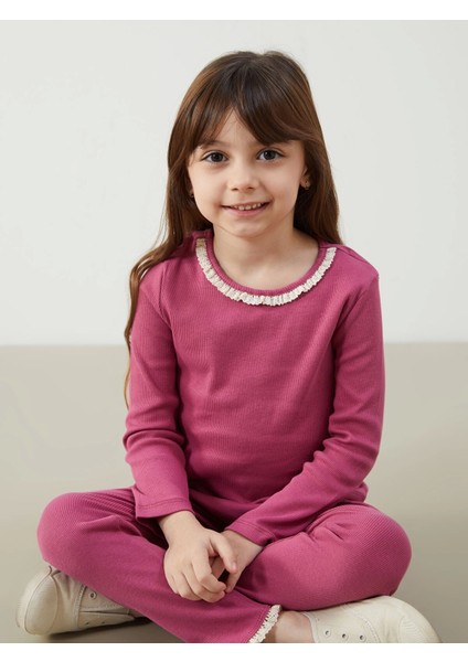 Lcw Kids Pembe Bisiklet Yaka Basic Kız Çocuk Bluz ve Tayt 2'li