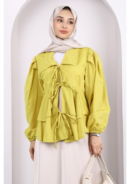 Yağ Yeşili Ön Bağlamalı Katlı Kimono modelleri