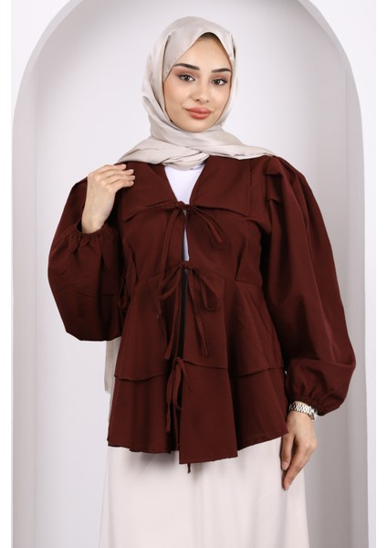 Bordo Ön Bağlamalı Katlı Kimono