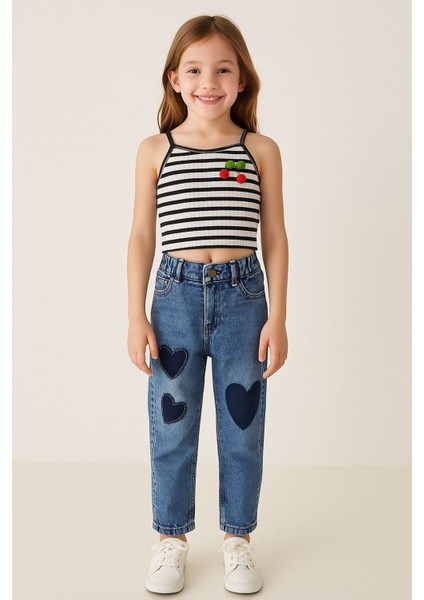 Kalp Gölge Desenli Kız Çocuk Boru Paça kot pantolon - Mavi