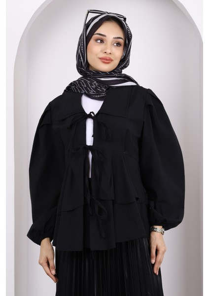 Siyah Ön Bağlamalı Katlı Kimono modelleri