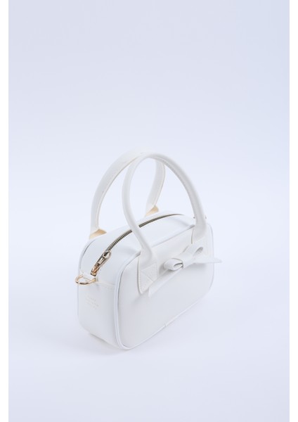 Beyaz Shk217 Fiyonklu Suni Deri, Tek Bölmeli, Fermuarlı,Kolon Askılı, El, Kol Ve Omuz Çantası