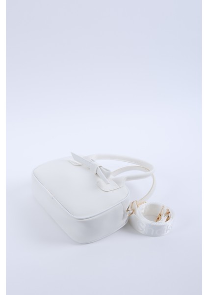 Beyaz Shk217 Fiyonklu Suni Deri, Tek Bölmeli, Fermuarlı,Kolon Askılı, El, Kol Ve Omuz Çantası