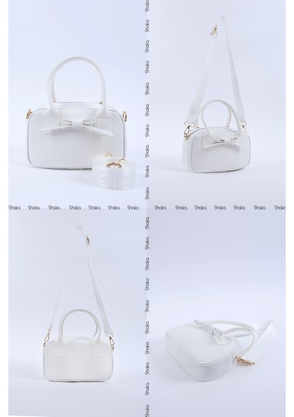 Beyaz Shk217 Fiyonklu Suni Deri, Tek Bölmeli, Fermuarlı,Kolon Askılı, El, Kol Ve Omuz Çantası